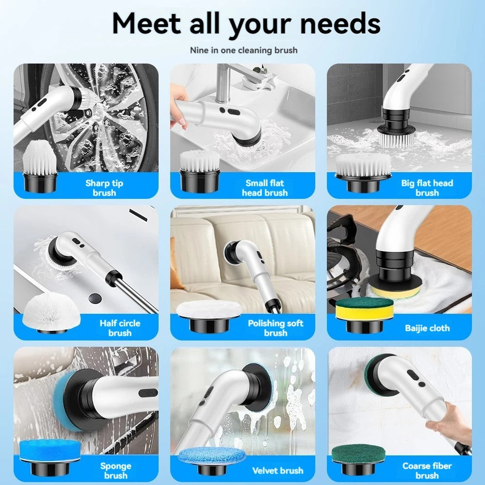 9 IN 1 Electric Spin Scrubber Cordless Cleaning Brush Bathroom Rotating Scrubber