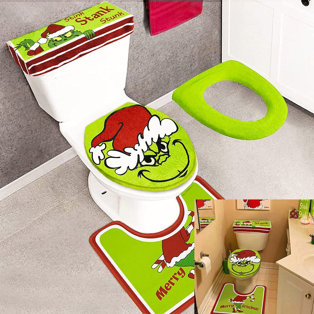 4PCS/Set Christmas Grinchs Decor Bathroom Toilet Pad Seat Cover-Rug for Bathroom