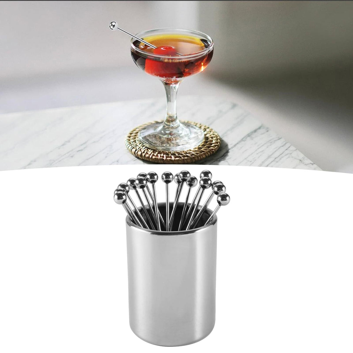 Cocktail Picks with Holder Stainless Steel Portable Washable Drink Picks
