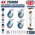 4Pcs 75mm Heavy Duty Rubber Castor Wheels Full 360° Swivel Trolley Casters