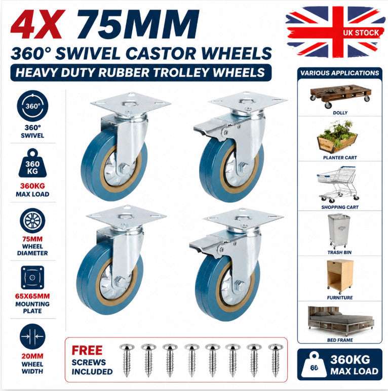 4Pcs 75mm Heavy Duty Rubber Castor Wheels Full 360° Swivel Trolley Casters