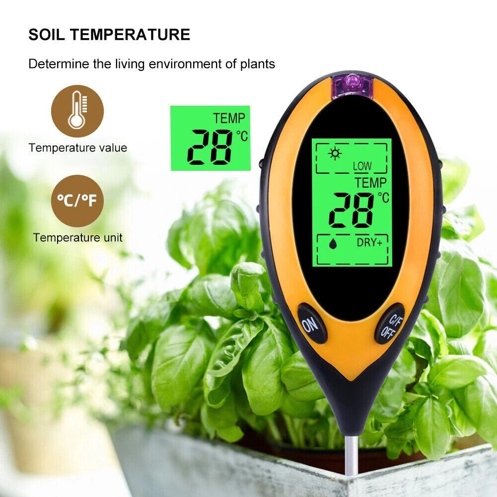 Soil Water Moisture Tester 4 in 1 LCD Digital PH Temperature Sunlight Test Meter