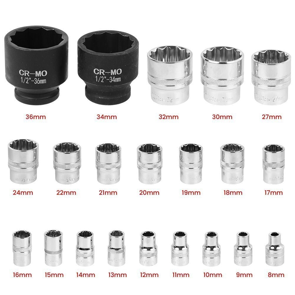 12-point 8-36mm CR-V Metric Sockets 21Pcs 1/2" Drive Universal Spline Socket UK
