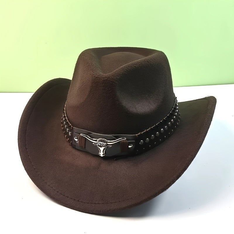 1PC Casual Western Cowboy Hat with Buckle & Bull Head Design Wide Brim Hat