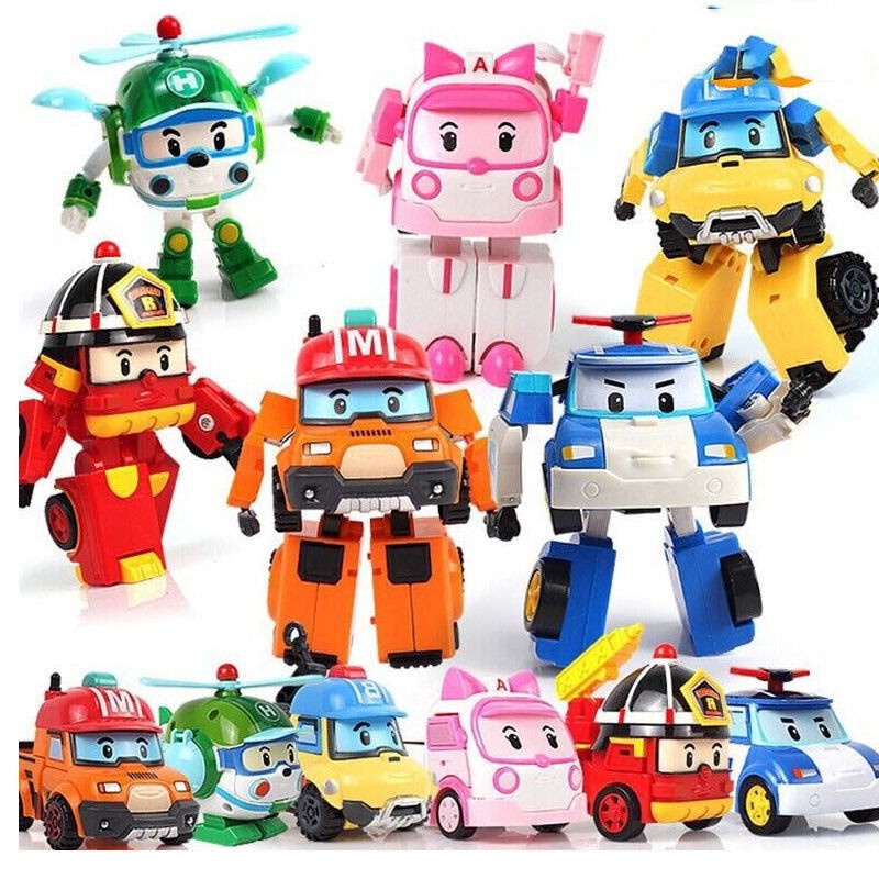 6Pcs Academy Robocar Toy Poli Roy Amber Robots Mark Bucky Transformers Robot Car
