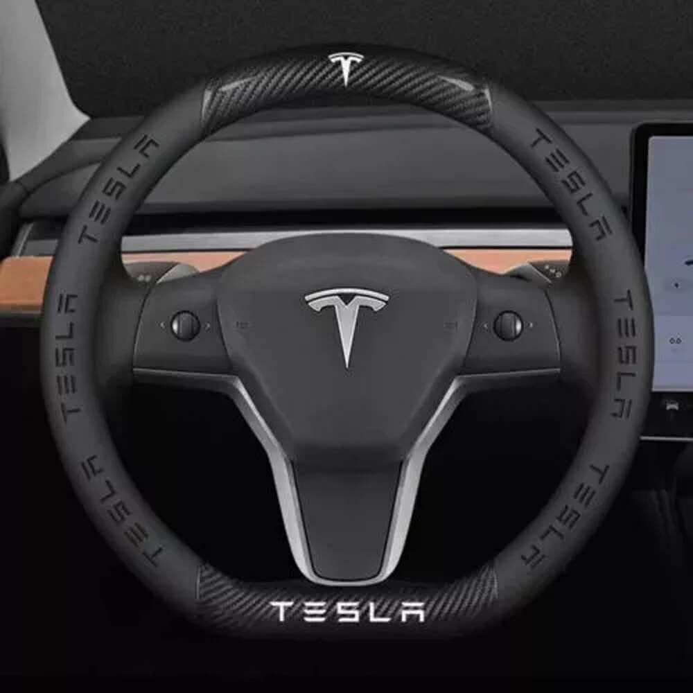 For Tesla Model 3Y Round Type Carbon Fiber Leather Car Steering Wheel Cover1 ~~~