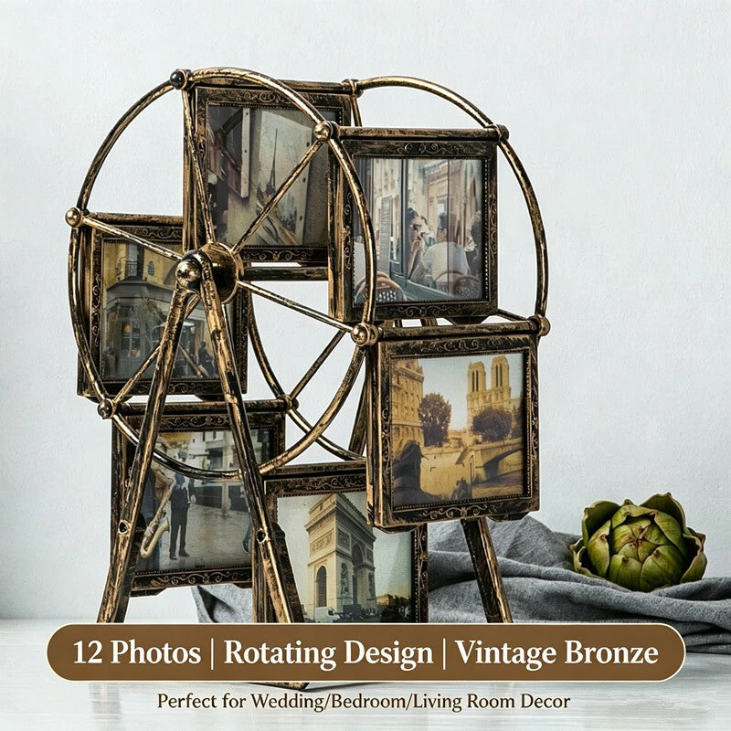 Rotating Ferris Wheel Photo Frame 12-Slot Vintage Wedding Carousel Picture Frame