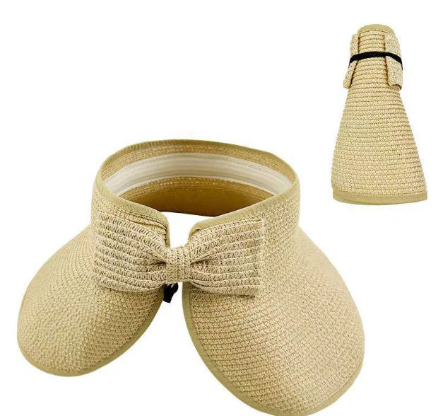 Foldable Bow Decor Sun Visor Wide Brim UV Protection Straw Hat
