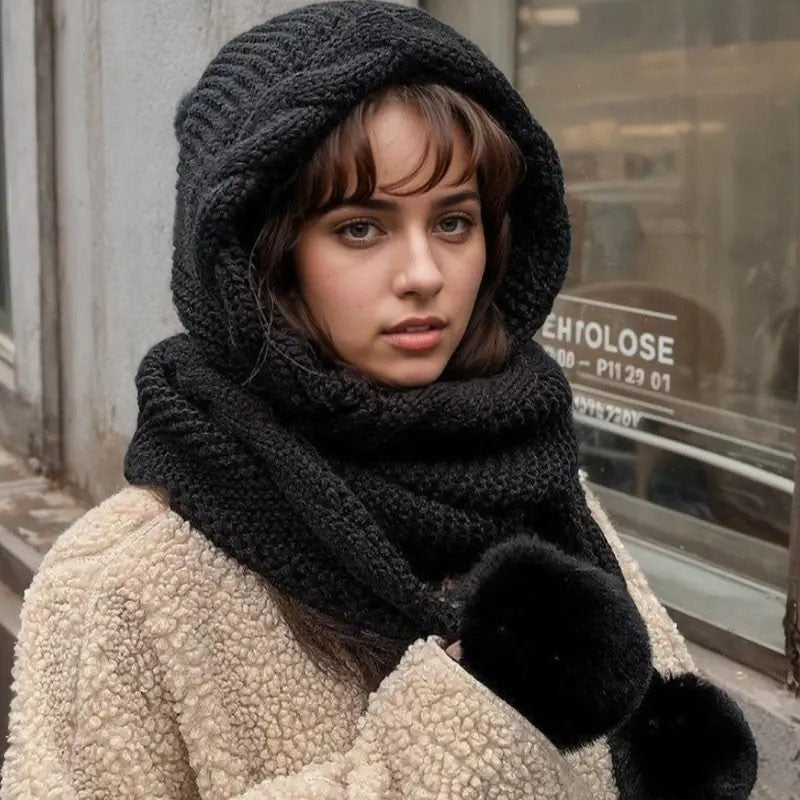 Women Knitted hat with scarf, pom-pom and ear flaps, thick and warm for winter