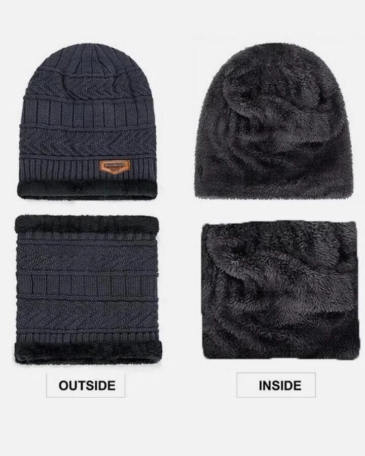 Men's Winter Beanie Hat and Scarf Set Warm Fleece Knitted Cap Unisex (2 PCS SET)