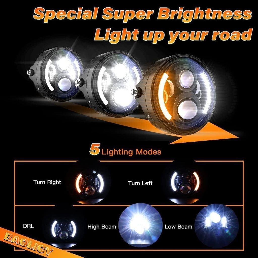 7'' Round LED Motorcycle Headlight with Housing Bucket Mount  Amber for Harley