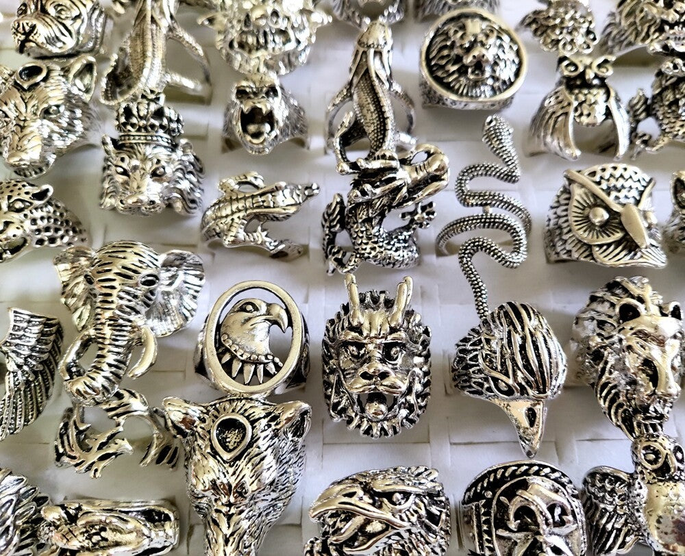 Wholesale Lot 25 Vintage Ferocious Animal Head Punk Rings Retro Jewelry For Men