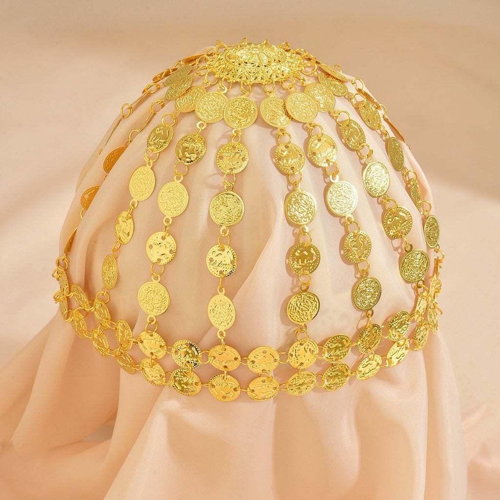 Golden Arabic headpiece W/multiple layers of tassels hollowed out hair accessory