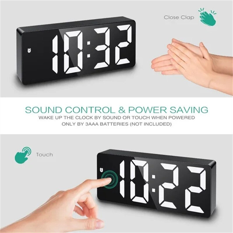 Alarm Clock Led Display Digital Mirror Voice Clock Battery/Plug-In Dual Purpose