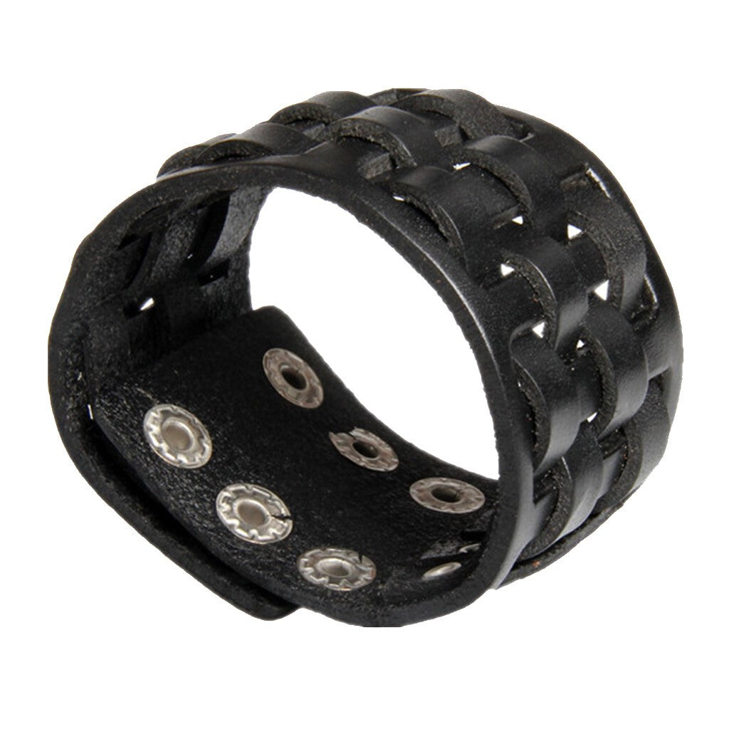 Punk Wide Black Braided Leather Mens Adjustable Bangle Bracelet Wristband