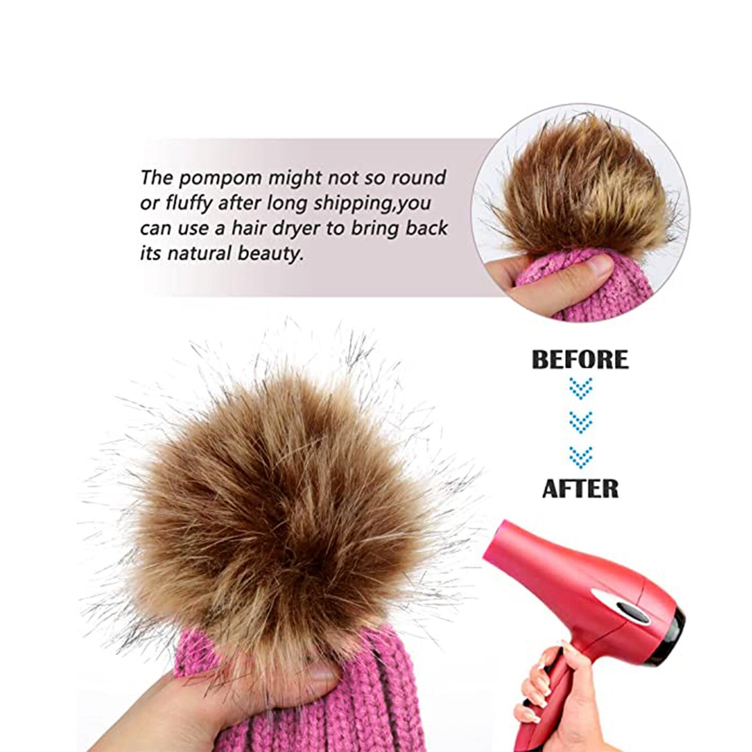 Womens Warm Winter Hat Genuine Fur Pom Pom 15cm Ball Knit Beanie Ski Caps