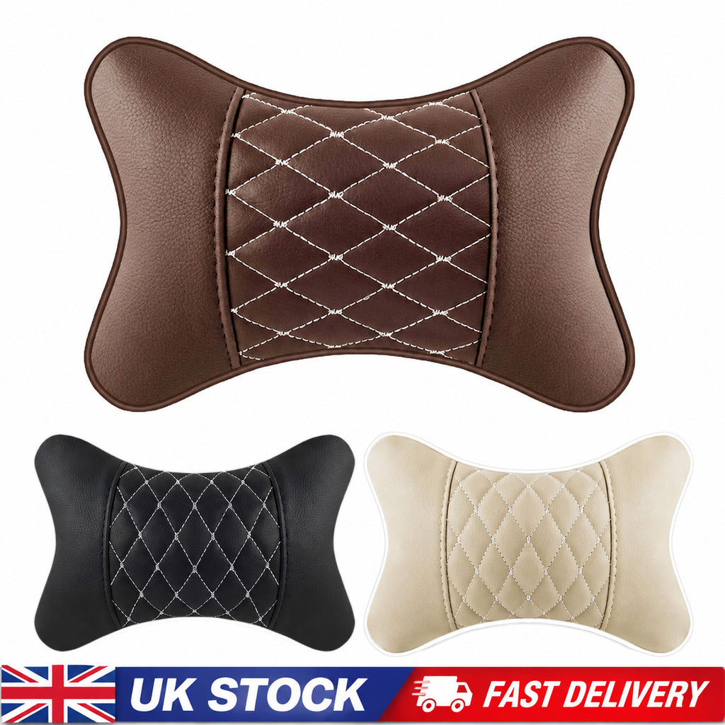 2pc Car Seat Head Neck Rest PU Leather Support Cushion Pad HeadRest Bone Pillow