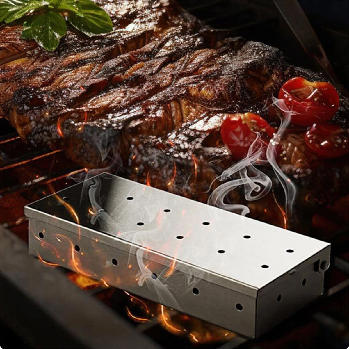 Stainless Steel BBQ Smoke Box For Wood Chips Gas Charcoal Grill Smoker Accessory