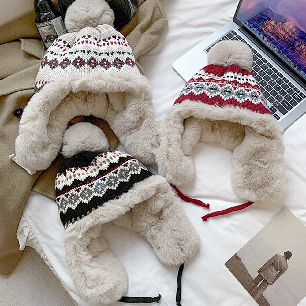Ladies Warm Beanie Cap Knitted Bobble Hat with Ear Flaps Winter Trapper Hat
