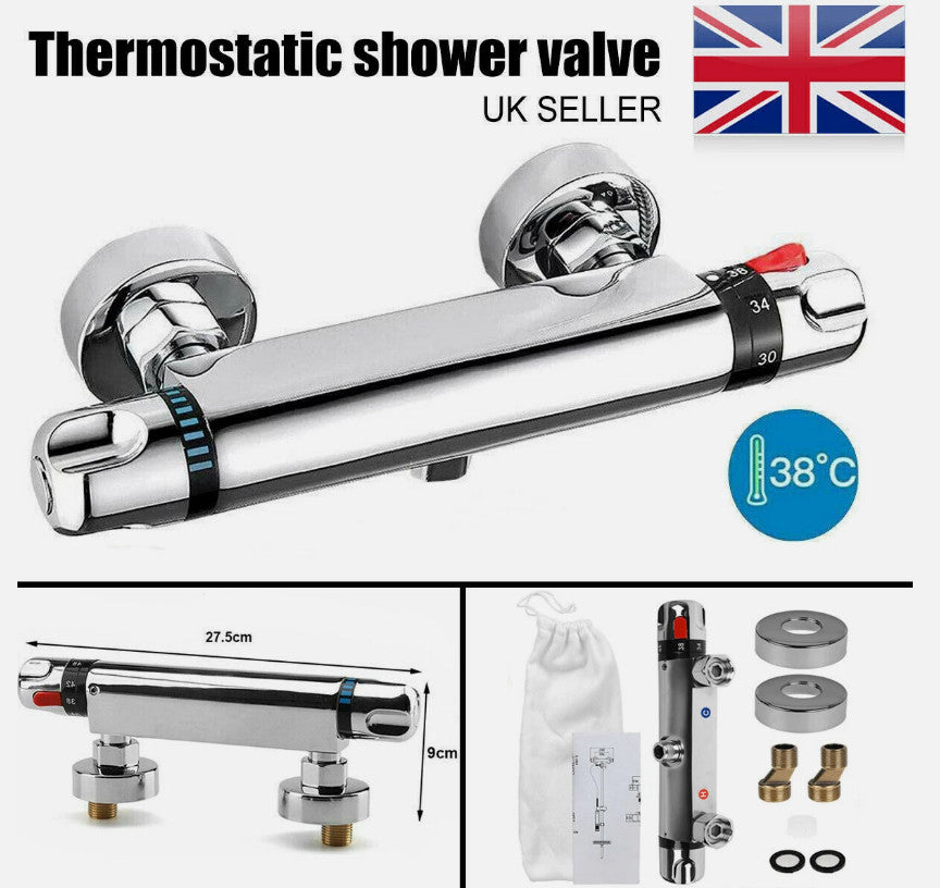 1/2" Outlet Modern Thermostatic Exposed Bar Shower Mixer Valve Tap Chrome Bottom