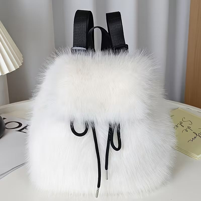 Faux Fur Backpack for Women Casual Drawstring Flap Closure Adjustable Strap Bag