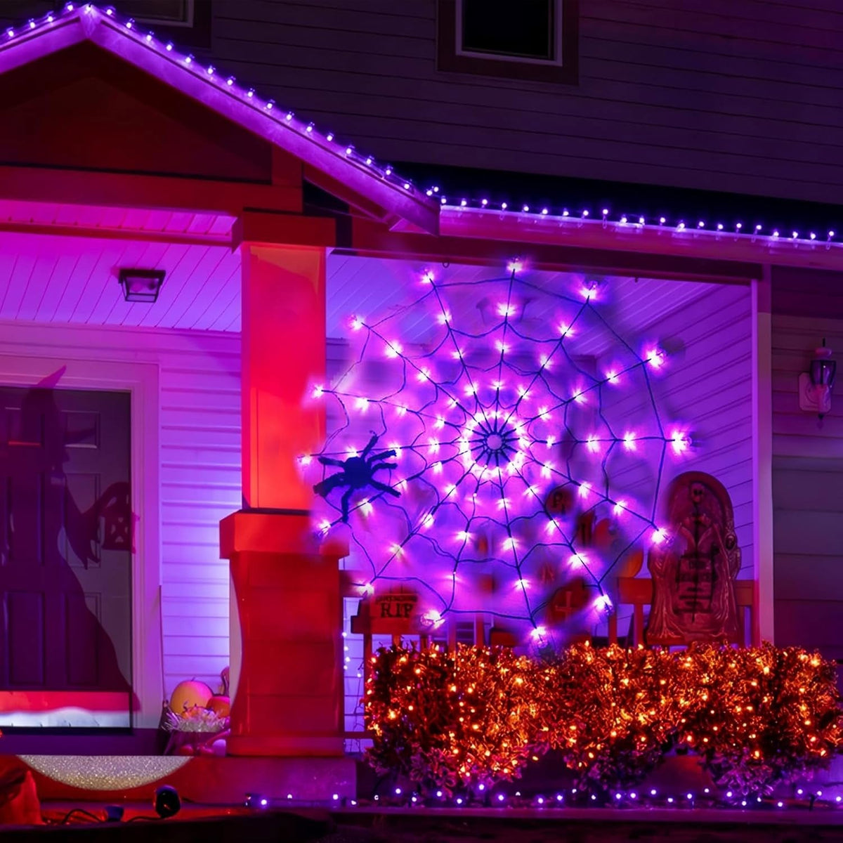 Halloween Luminous Spider Web LED Lights Hairy Black Spider Garden Hanging Decor