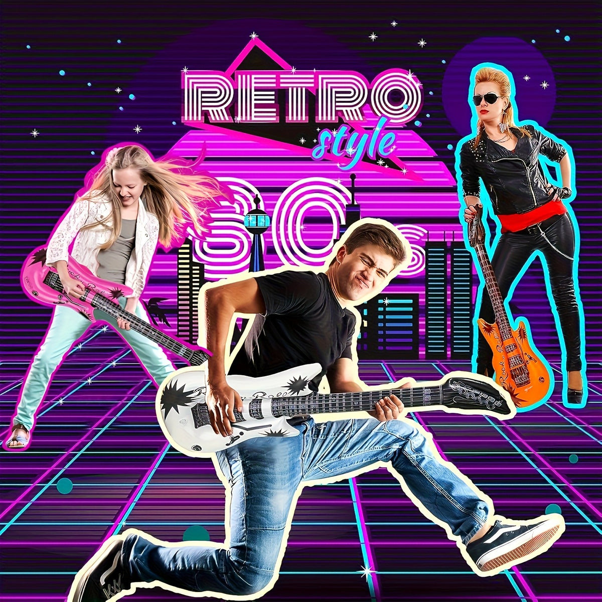 10pcs Inflatable Guitars+1pc Air Pump (Random Color) 80s Rock Star Party Decor