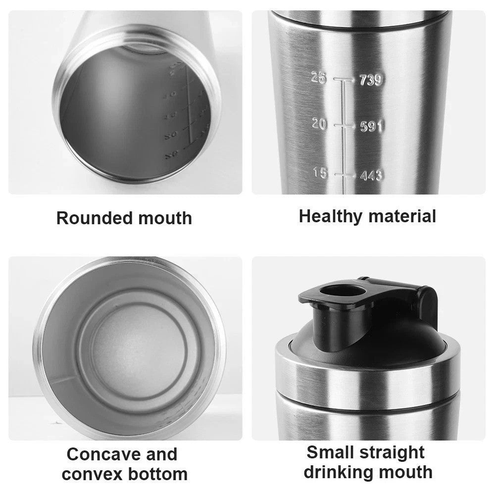 739ML Metal Protein Shaker Bottle Leakproof Sports Mixer Cup with Mixing Ball