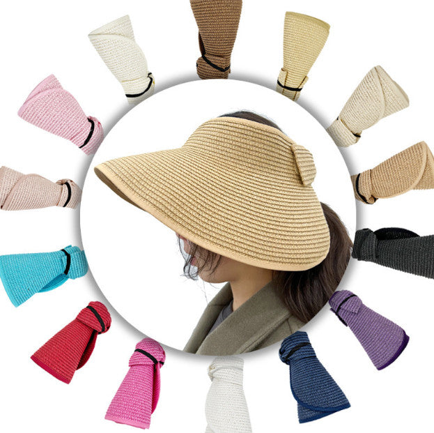 Foldable Bow Decor Sun Visor Wide Brim UV Protection Straw Hat