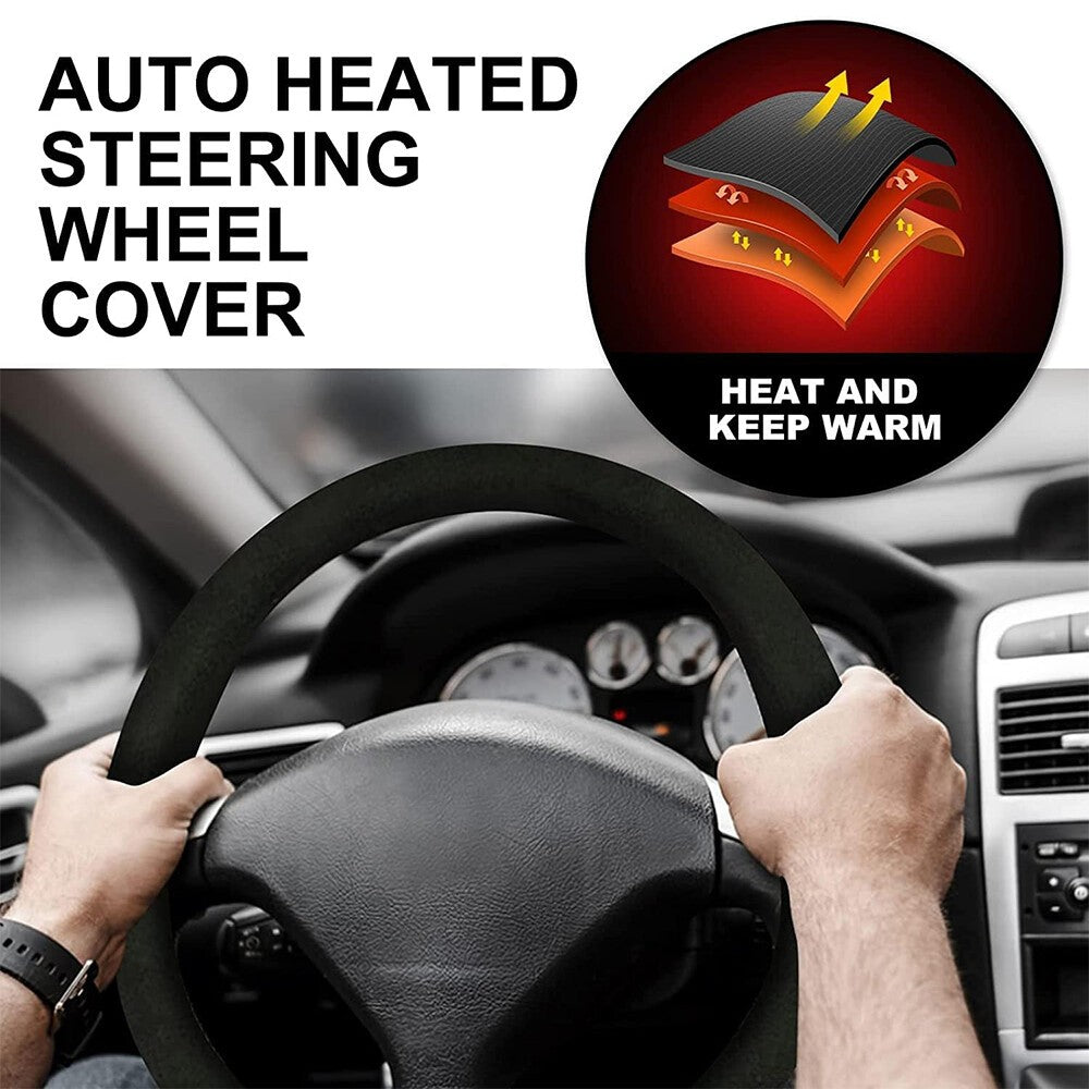 12V Universal Heated Car Steering Wheel Cover Protector Winter Hand Warmer 38 CM
