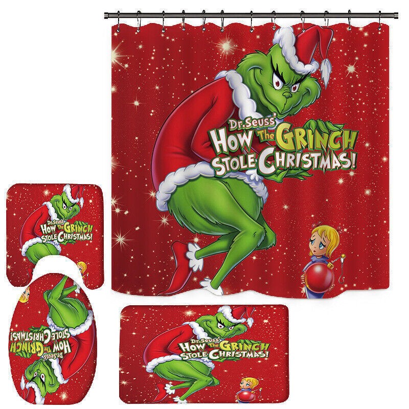3D How the Grinch Stole Christmas Shower Curtain Bath Mat Toilet Cover Rug UK