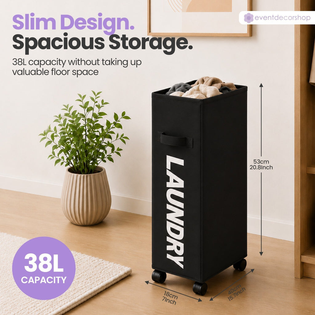 42L Water Resistant Laundry Basket w/Rolling Slim Wheels Foldable Washing Hamper