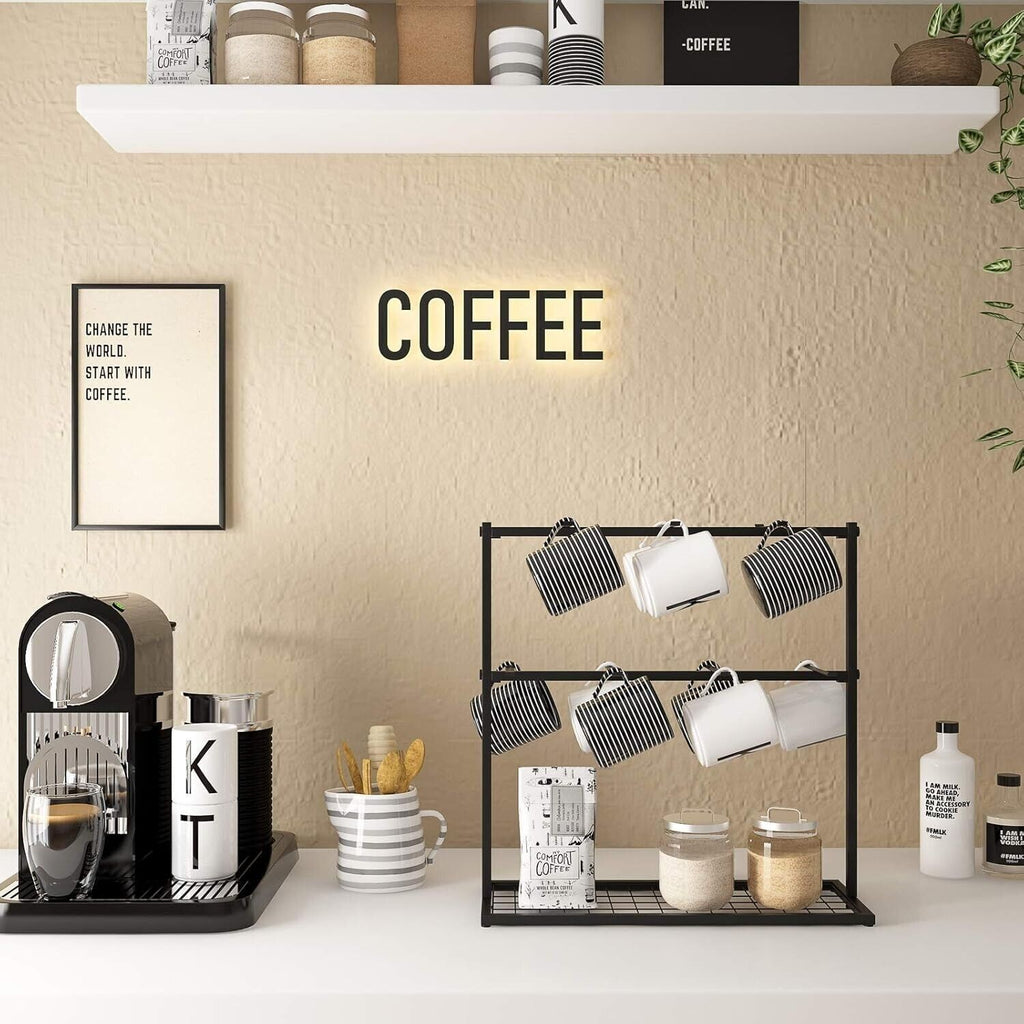 Coffee Mug Rack Metal Black Vintage Cup Holder Stand Storage Base with 14 Hooks