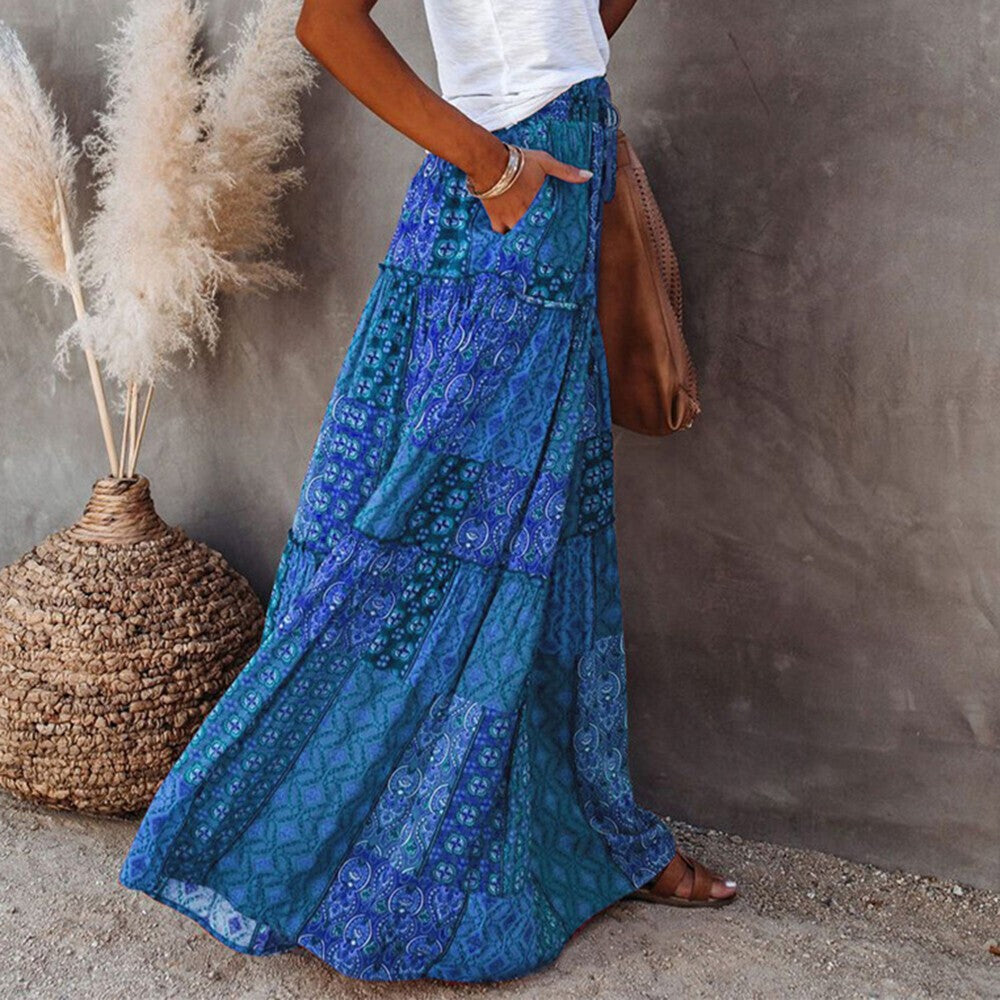 Women Bohemian High Waist Long Skirt Ladies Holiday Swing Baggy Boho Maxi Skirts
