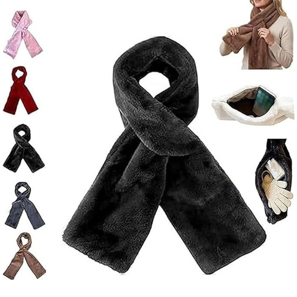 Faux-Fur Pull Through Scarf With Hidden Zipper Pocket Warm Neckwear for Women