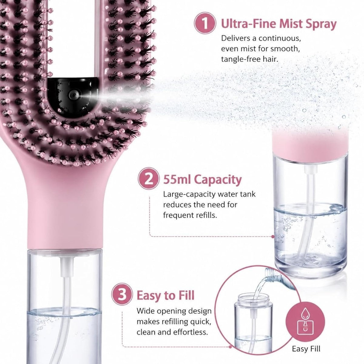 Hair Brush with Water Spray, 2-in-1 Detangling Tool for Frizz Control