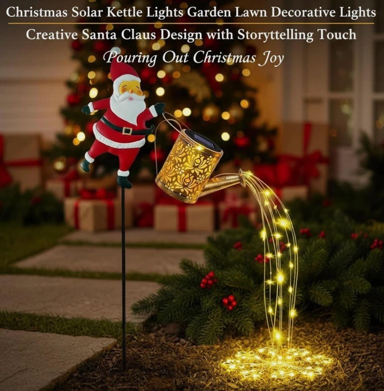 Waterproof Solar Watering Can Lights Outdoor Metal Garden  Decor Christmas Santa