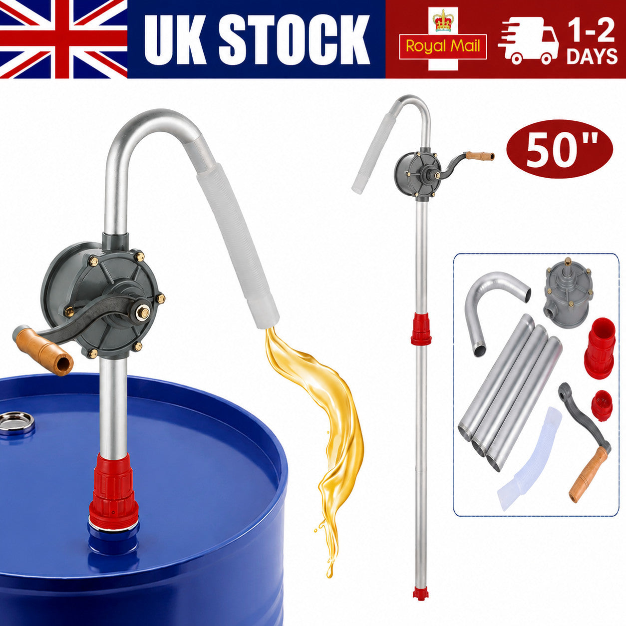 50" Rotary Hand Drum Barrel Syphon Self Priming Pump Diesel Fuel Oil UK