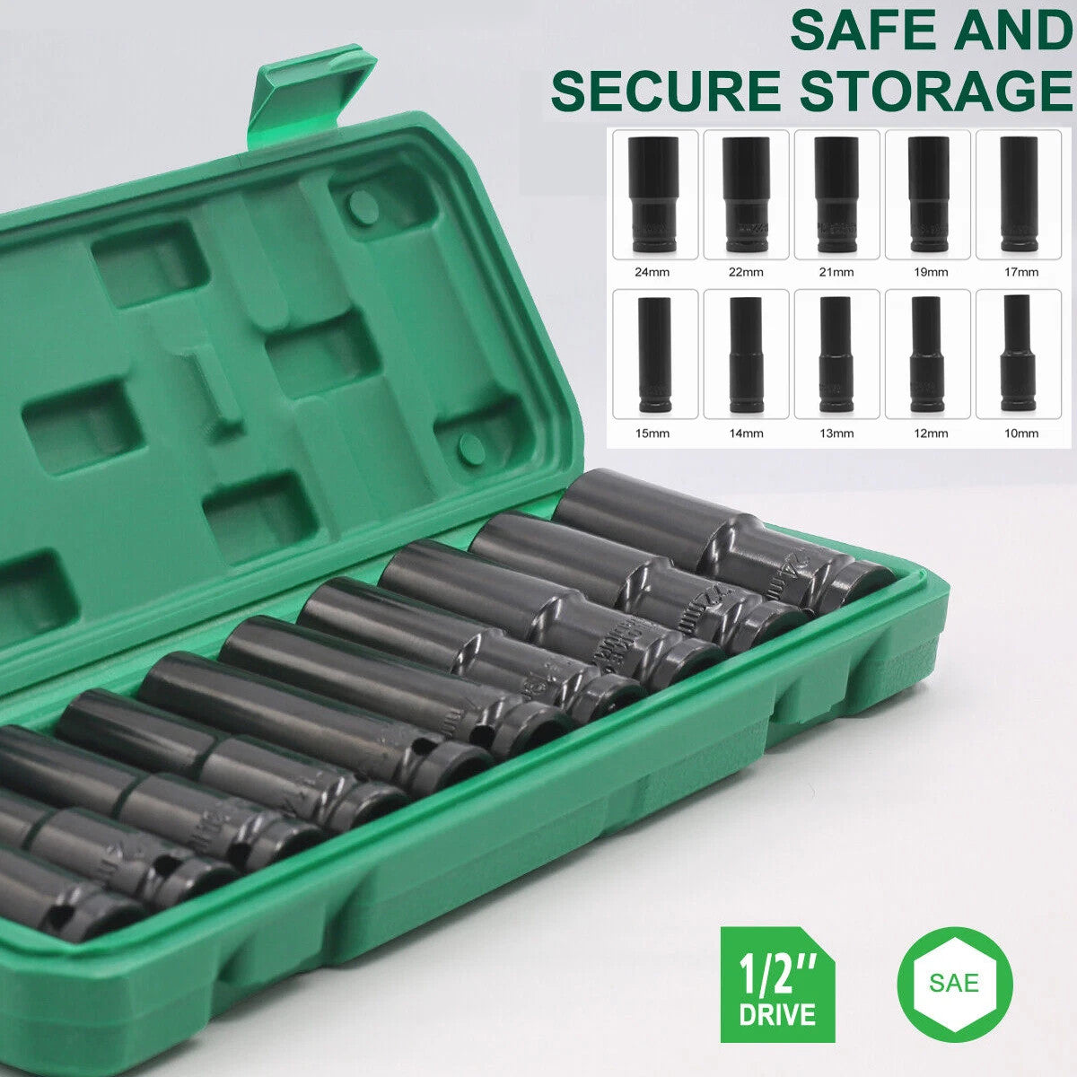Deep Impact Socket 1/2" Drive Long Reach Thin Wall 10-Metric Sockets 10-24mm Set
