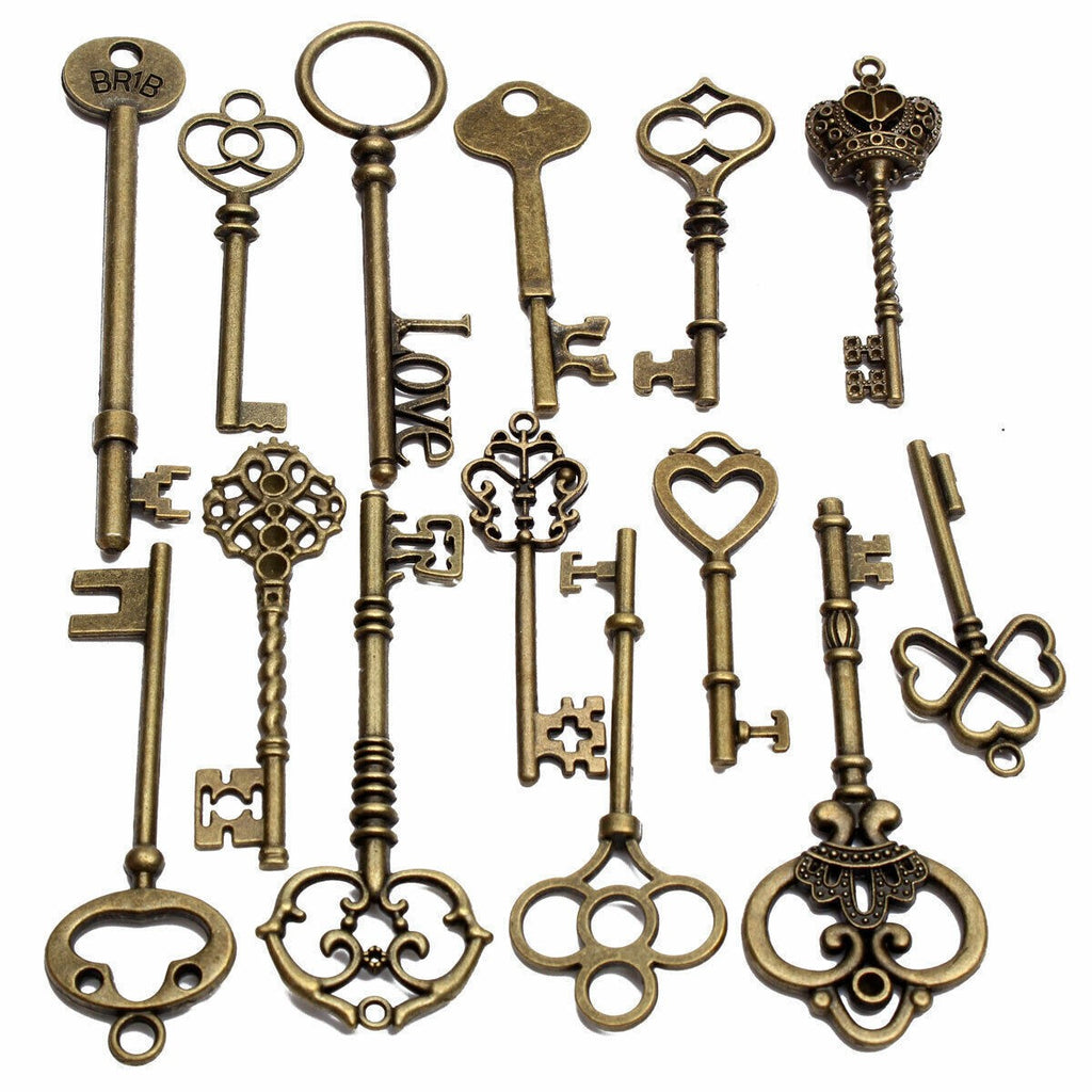 18x BIG Large Antique Vintage old Brass Skeleton Keys Lot Cabinet Barrel Lock