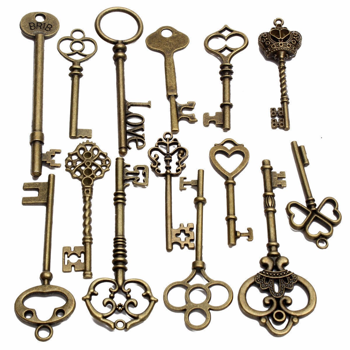 18x BIG Large Antique Vintage old Brass Skeleton Keys Lot Cabinet Barrel Lock