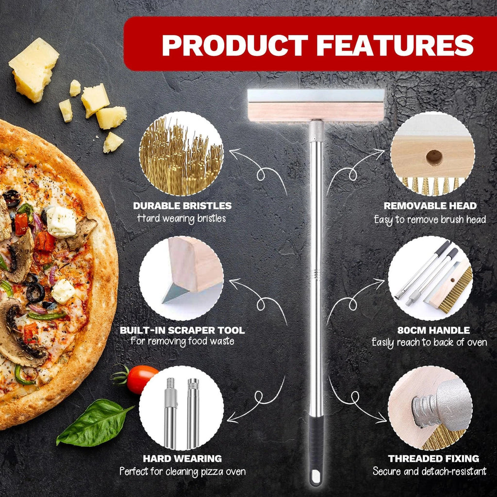 1.6m Top Quality Pizza Oven Brush &Steel Handle Brass Bristles & Steel Scraper