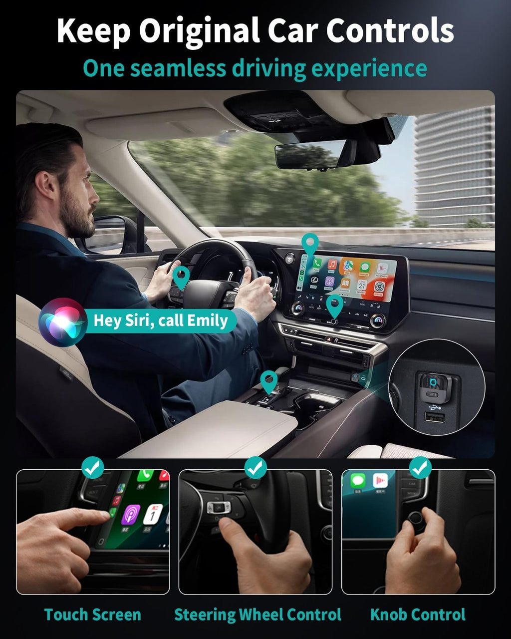 Wireless CarPlay AndroidAuto Adapter USB Dongle 2in1 w/Button
