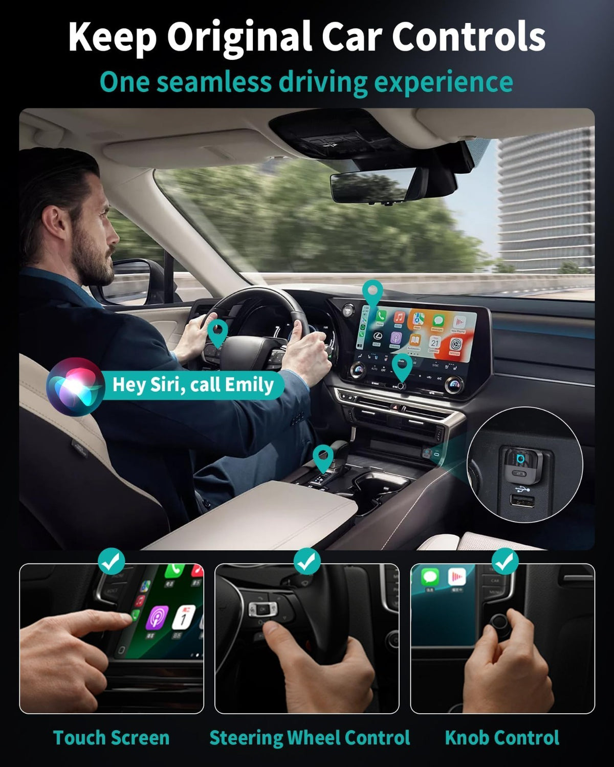 Wireless CarPlay AndroidAuto Adapter USB Dongle 2in1 w/Button