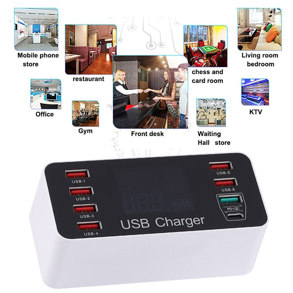 LCD Display Station Hub with UK Plug 8 Multi-Port USB Fast Quick Charger Adapter