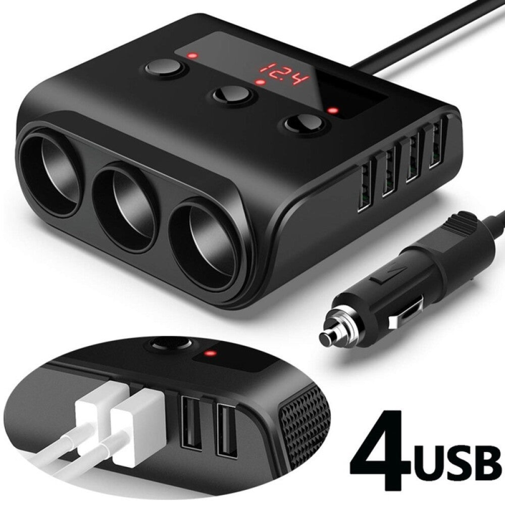 3 Way Cigarette Lighter Socket Splitter 12V 24V 4 USB Plug Multi Charger Adapter