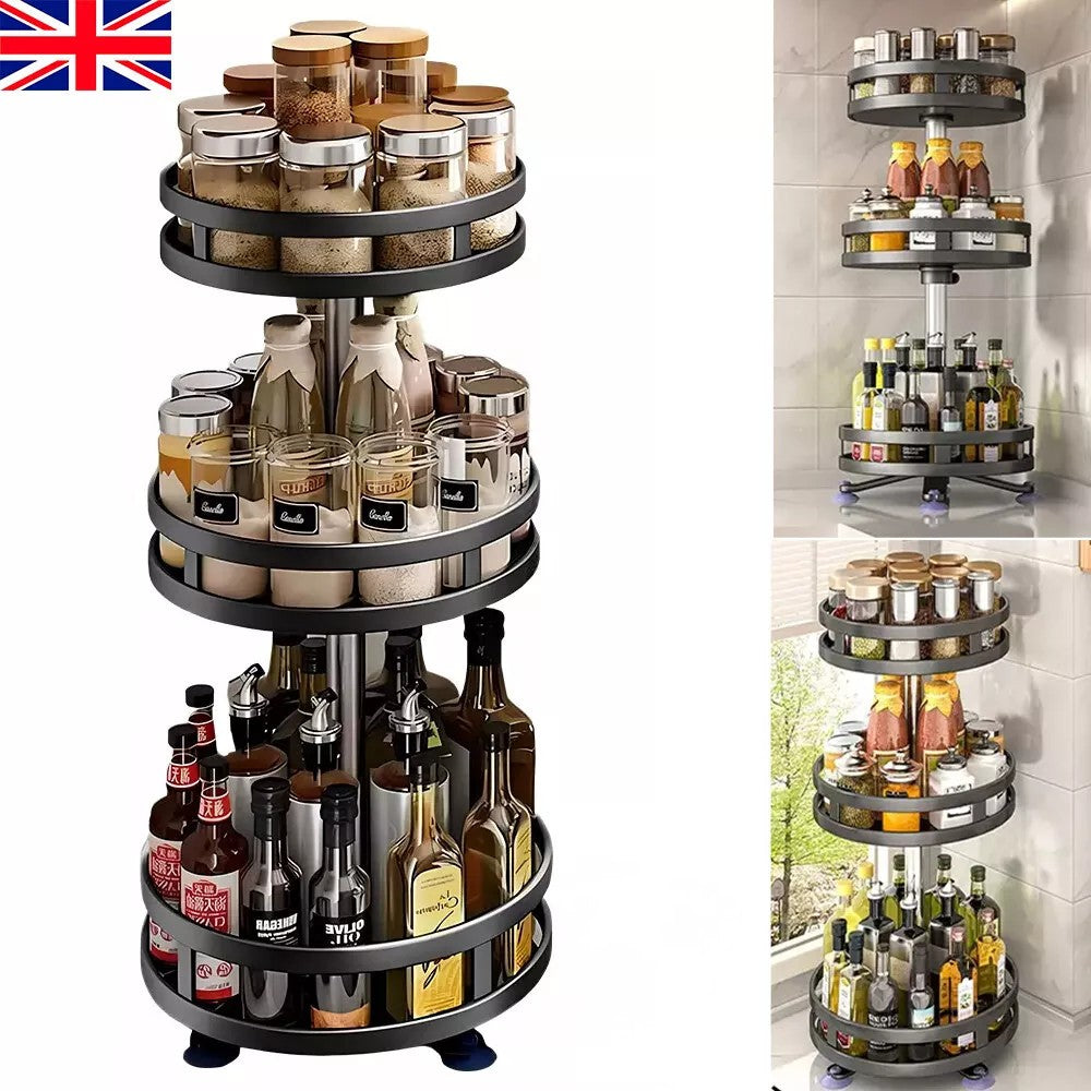 3 Tier 360° Rotating Spice Rack Rotatable Steel Kitchen Seasoning Organizer UK