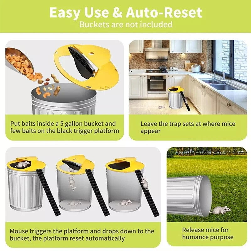 2X Mouse Trap Flip Slide Bucket Lid Mouse Rat Trap + Ladder Catch Trap Reusable