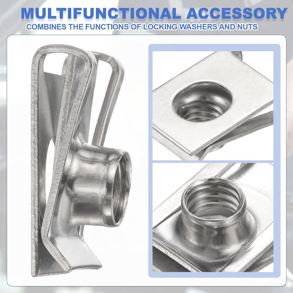 20 Pcs U-Style Clip-On M8-1.25 Nut U-Type Fasteners Stainless Steel Silver