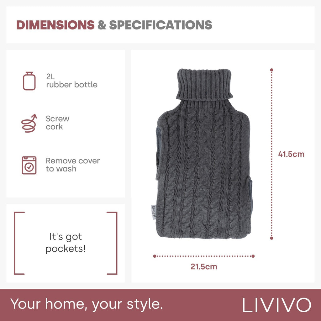 LIVIVO 2L Grey Knitted Hot Water Bottle with Insulating Cover and Pockets
